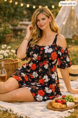Lilian Floral Mini Dress Women’s XL Red Black Cold Shoulder Empire Waist
